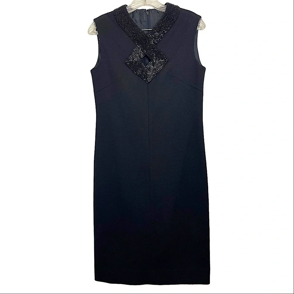 Vintage Black Beaded V-Neck Collar Knit Mid Length Sheath Dress LBD
